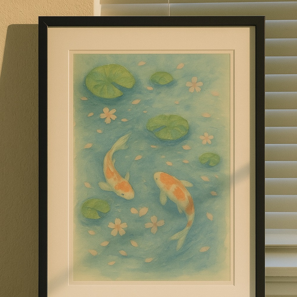 Koi Pond Watercolor Framed Wall Art 16x20 Zen Calm
